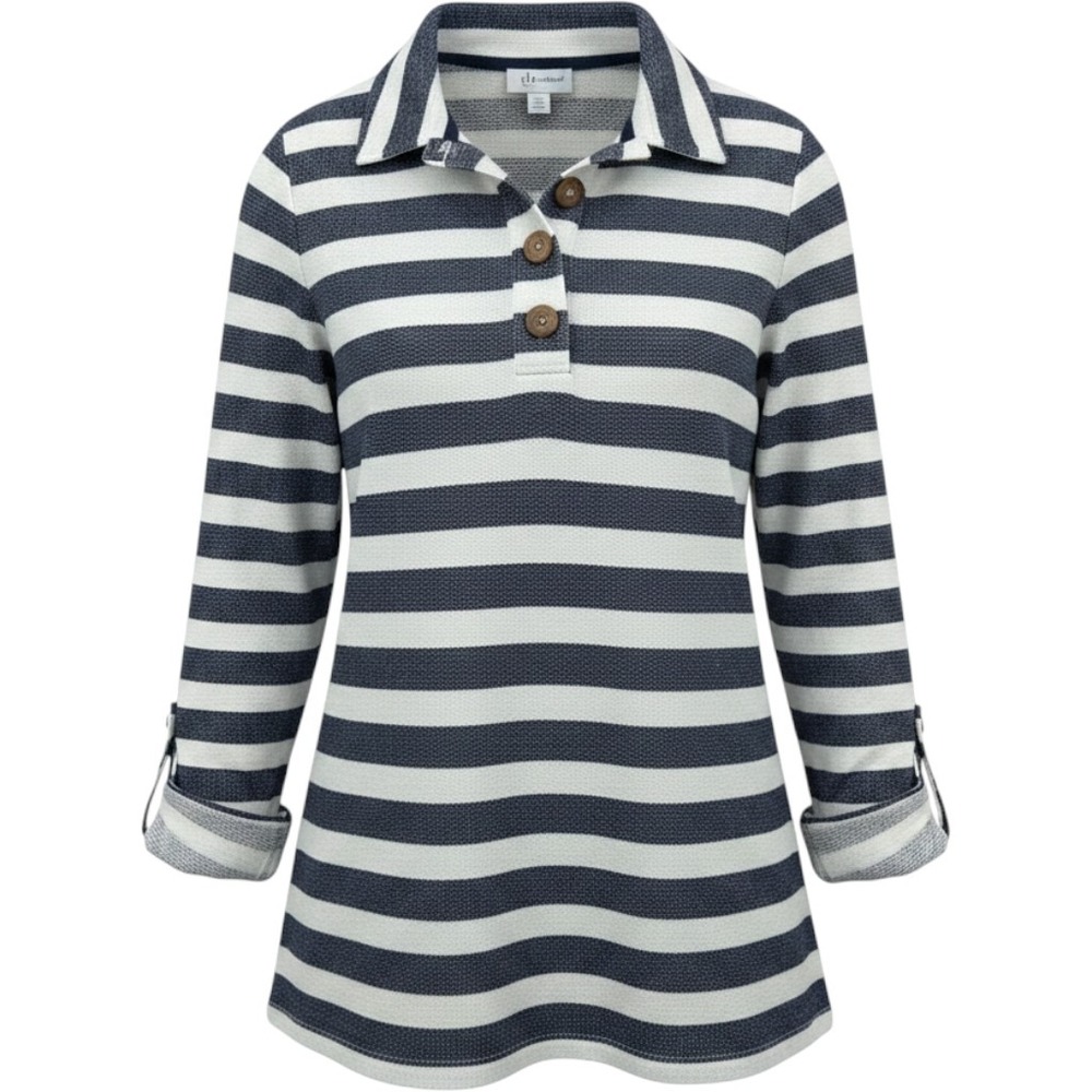 Denim & Co Top Womens L Navy White Striped Henley‎ French Terry Nautical Classic
